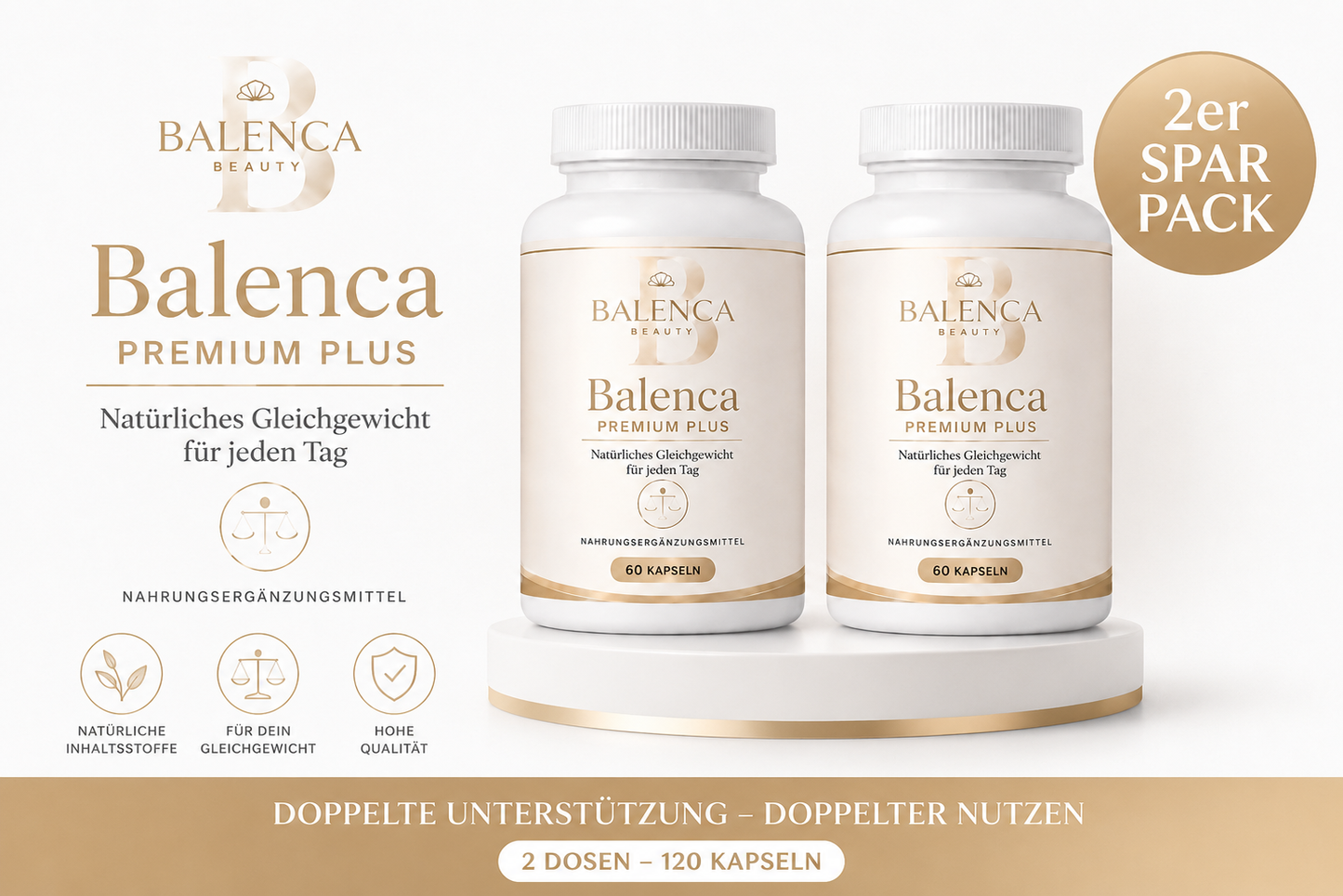 Balenca Premium Plus Doppelpack mit zwei Dosen und 120 Kapseln, die natürliche Unterstützung bieten.